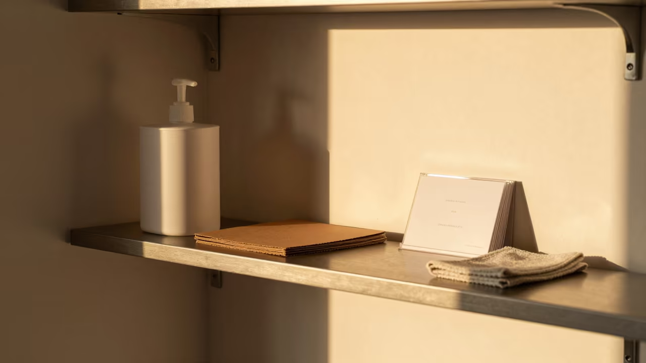 Sanitizer Jug Shelf with Spill in Helsinki in on a writing desk near Helsinki