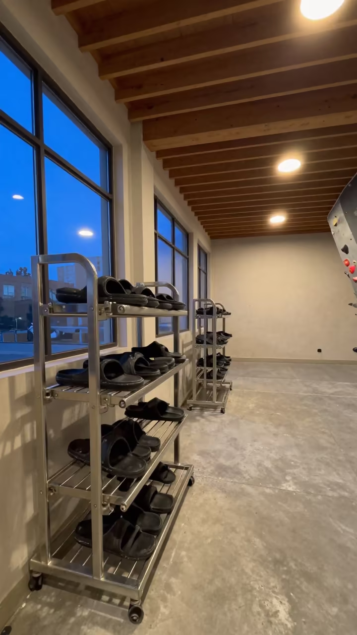 Sanitizer Rack with Sauna Sandals in Az Zubayr Gym in inside a climbing gym warmup zone in Az Zubayr
