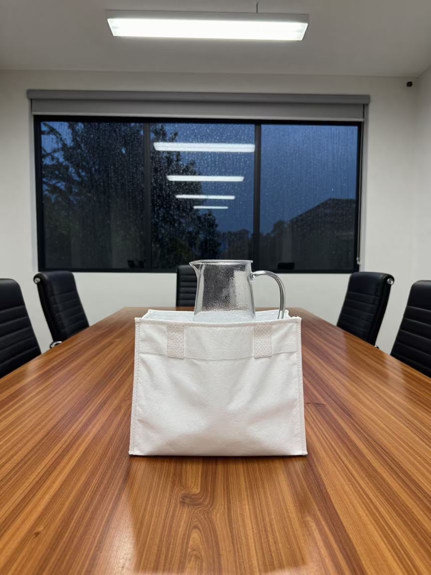 Sanitizer Tote on Boardroom Table Before Meeting in at a boardroom table before a meeting near Al Qadarif