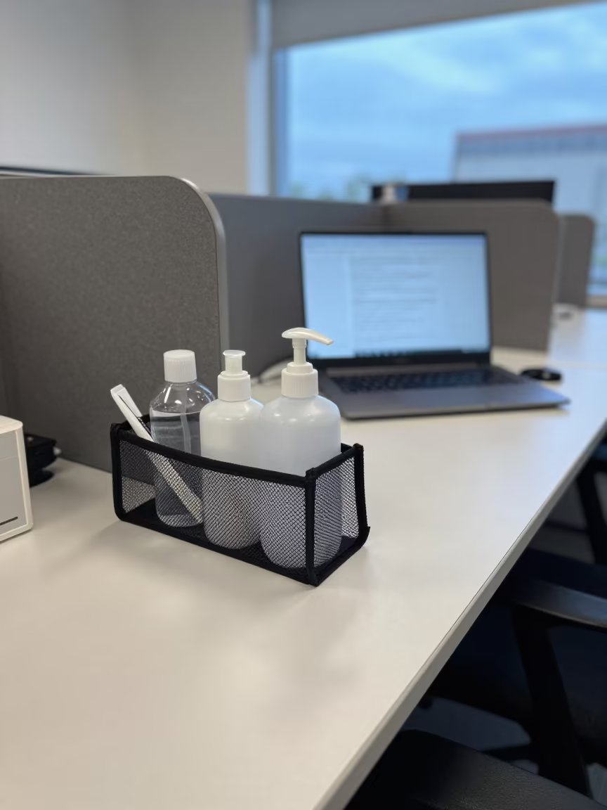 Sanitizer Tote on Shared Desk Before Queue Starts in inside a coworking floor in Windsor