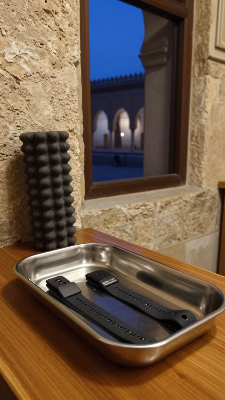 Sanitizer Tray and Foam Rollers in Cairo Lounge in inside a recovery lounge beside foam rollers near Islamic Cairo, Cairo