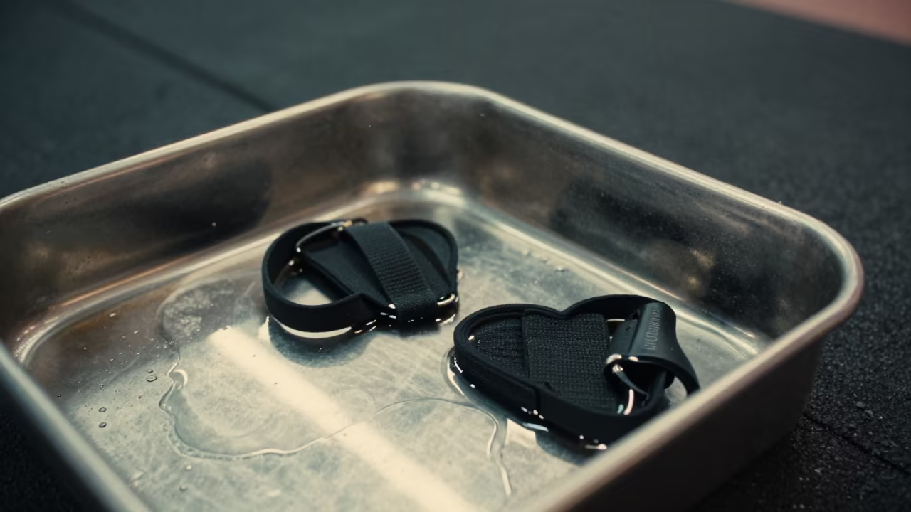 Sanitizer Tray with Heart Rate Straps in Spin Studio in inside a spin studio under class lights in Brazzaville