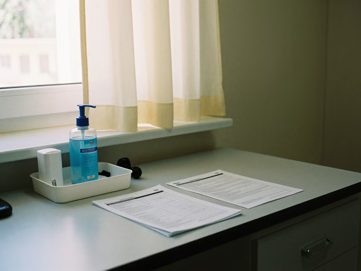 Sanitizer Tray and Paperwork in Kirkuk Clinic Room in inside a clinic exam room in Kirkuk
