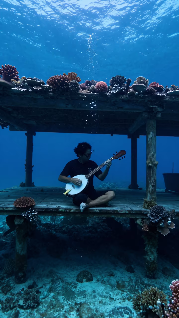 Sanshin Player Singing on Coral Porch at Twilight in beneath a reef ledge in tropical shallows near Cairns