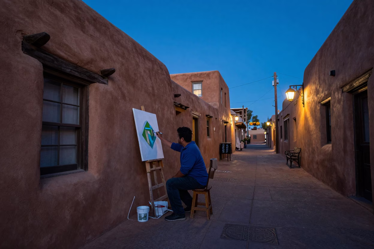 Santa Fe Adobe Alley Before Sunrise With Artist Painting Street Mural And Concrete Canal in in Santa Fe, New Mexico, United States