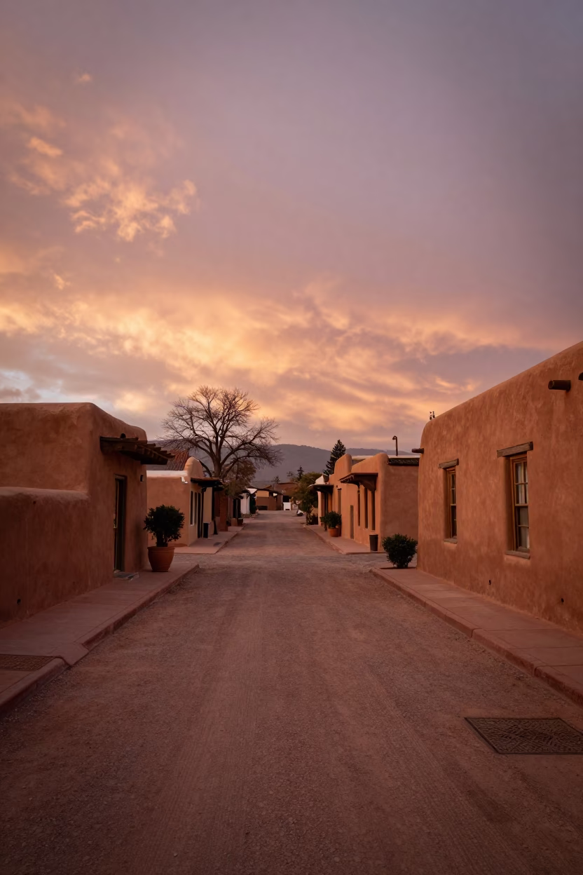 Santa Fe Adobe Alleyway at Dusk with Adobes and Sky in in Santa Fe, New Mexico, United States