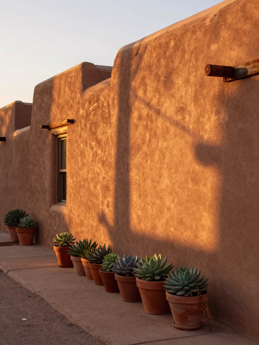Santa Fe Adobe Alleyway at Dusk with Succulents and Rusty Metal Details in in Santa Fe, New Mexico, United States