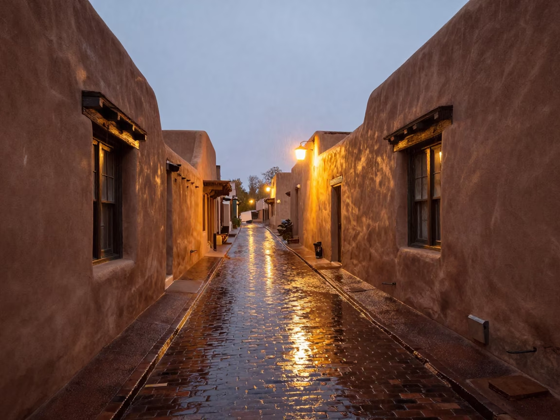 Santa Fe adobe alleyway dusk light rain reflection in in Santa Fe, New Mexico, United States