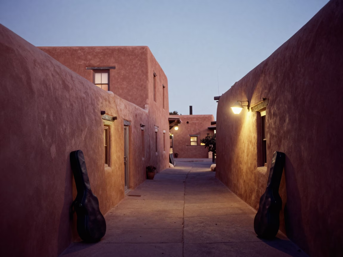 Santa Fe Adobe Alleyway Evening Light with Guitar Case and Watering Jug in in Santa Fe, New Mexico, United States