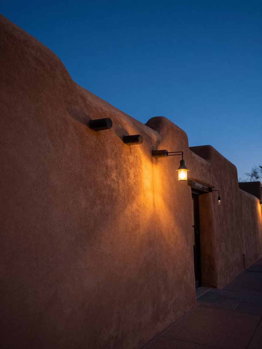 Santa Fe adobe alleyway indigo twilight nickel latch catching light in in Santa Fe, New Mexico, United States