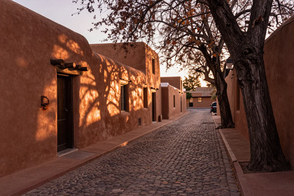 Santa Fe Adobe Alleyway with Madrone Tree and Rusty Latch in Copper Dusk Light in in Santa Fe, New Mexico, United States