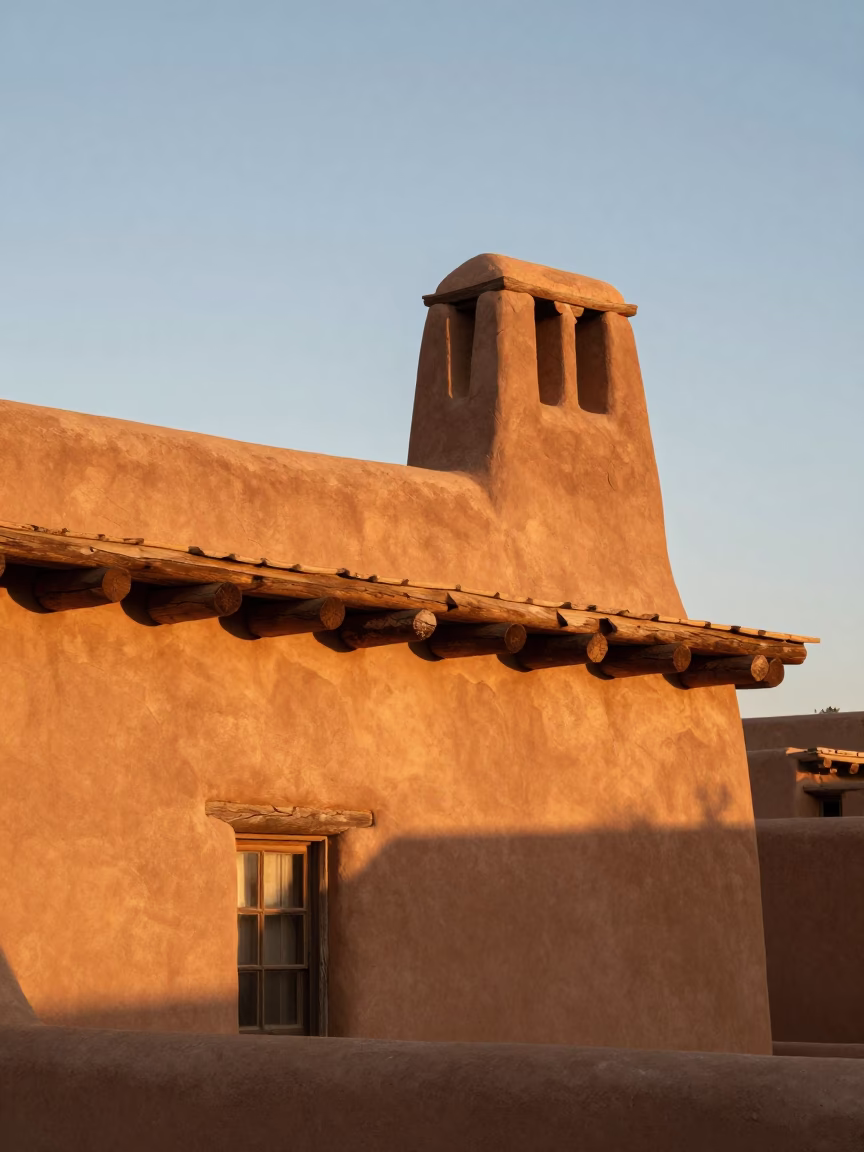 Santa Fe Adobe Architecture and Adobo Chimneys in Honeyed Evening Light in in Santa Fe, New Mexico, United States