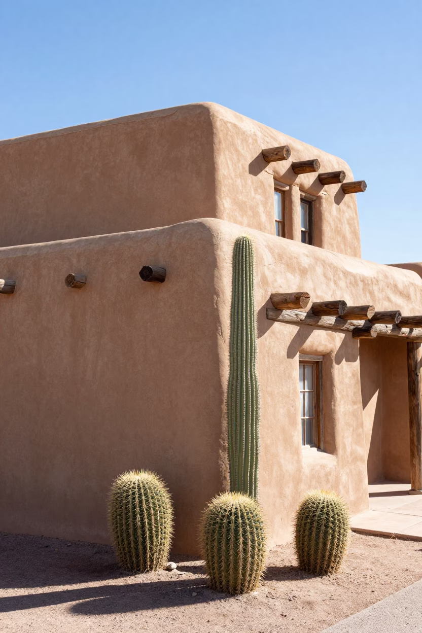 Santa Fe Adobe Architecture and Barrel Cactus in Bright Midmorning Light in in Santa Fe, New Mexico, United States