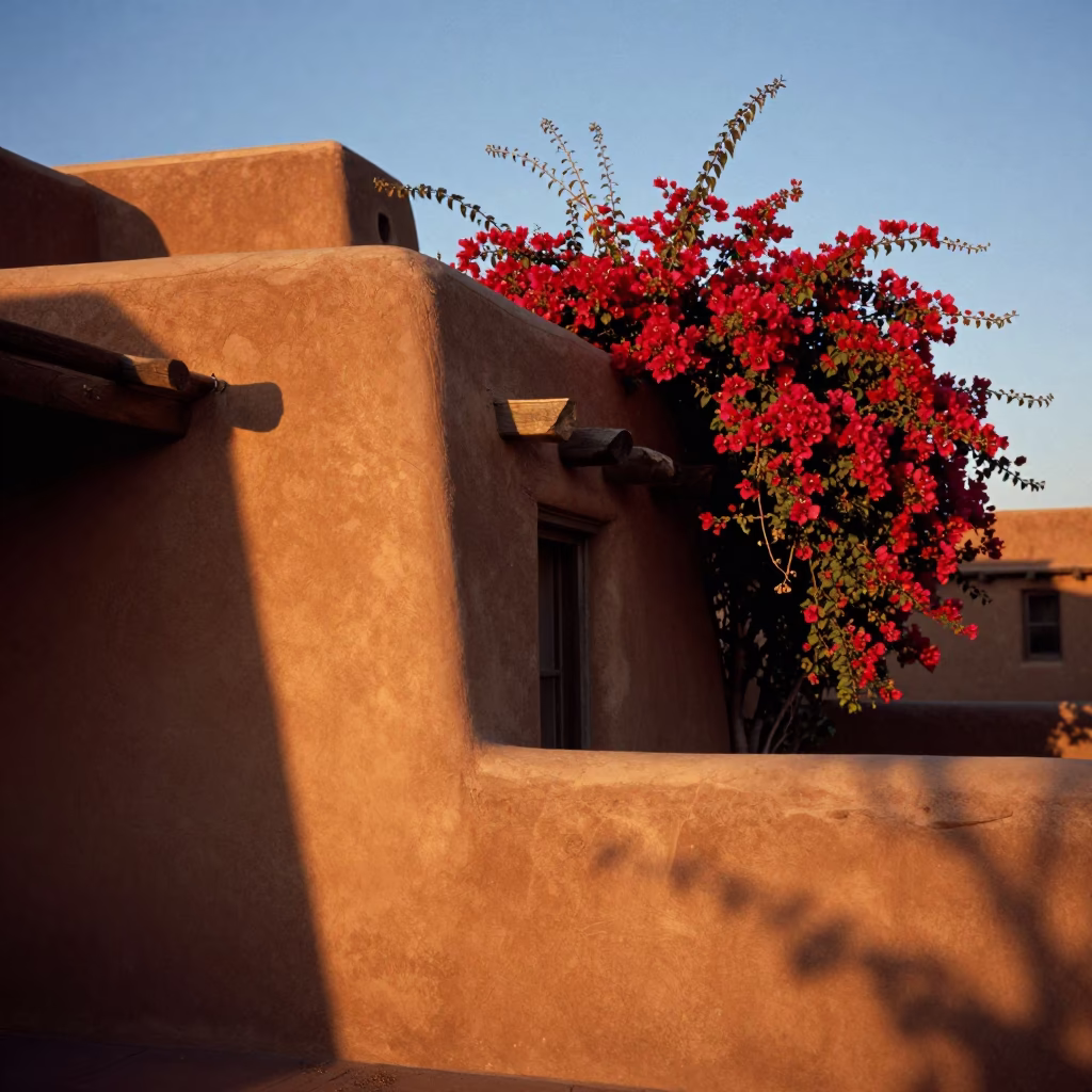 Santa Fe Adobe Architecture and Bougainvillea at Sunset with Hot Air Balloons in in Santa Fe, New Mexico, United States