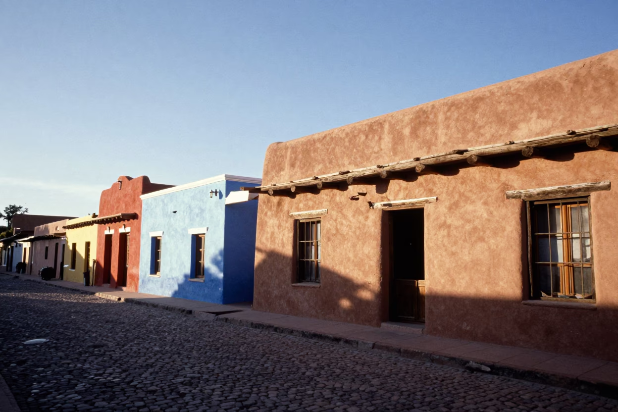 Santa Fe Adobe Architecture and Colorful Street Life in Late Afternoon Light in in Santa Fe, New Mexico, United States