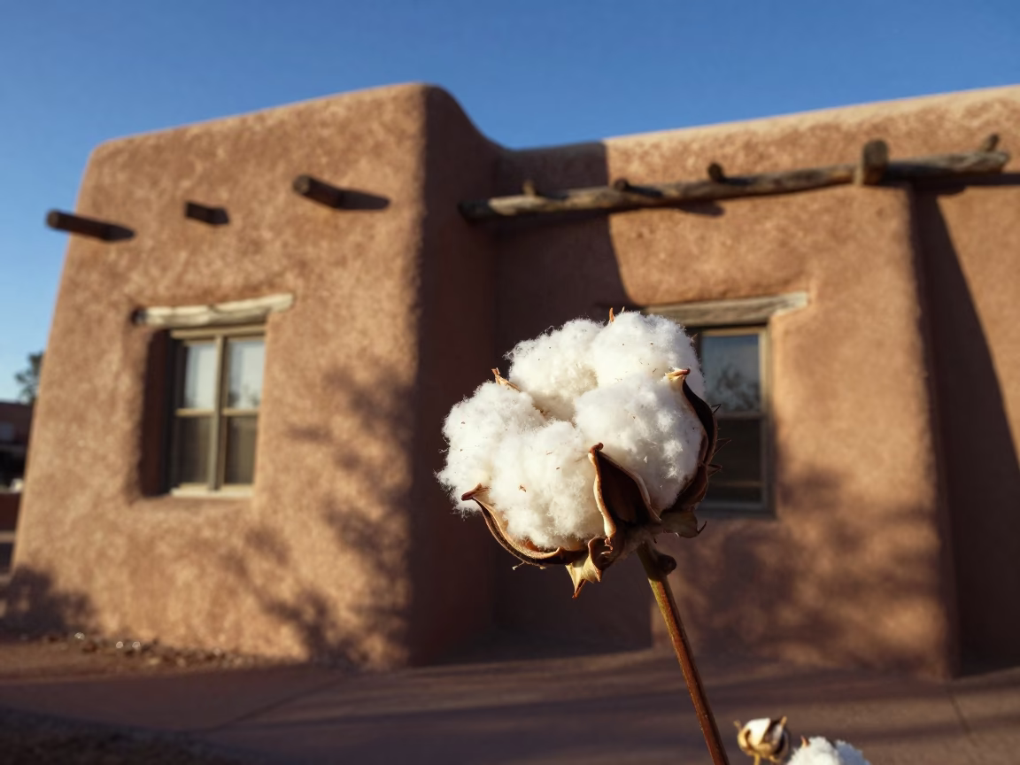 Santa Fe Adobe Architecture and Cotton Bolls in Late Afternoon Sunlight in in Santa Fe, New Mexico, United States