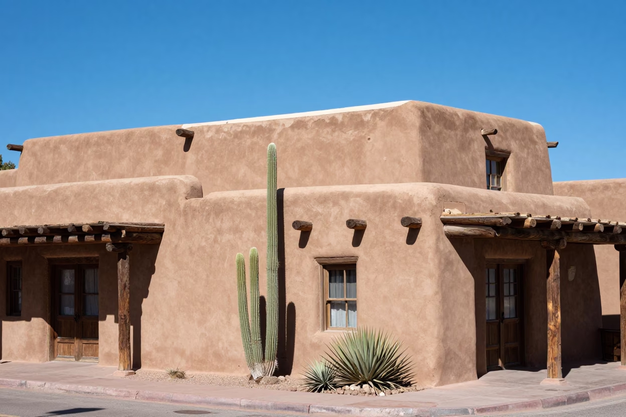Santa Fe Adobe Architecture and Desert Plants at Midday in in Santa Fe, New Mexico, United States