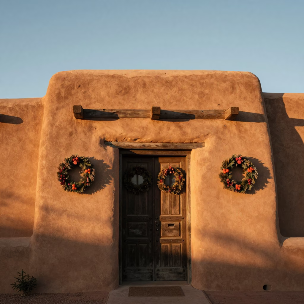 Santa Fe Adobe Architecture and Door Wreaths at Sunrise in New Mexico in in Santa Fe, New Mexico, United States