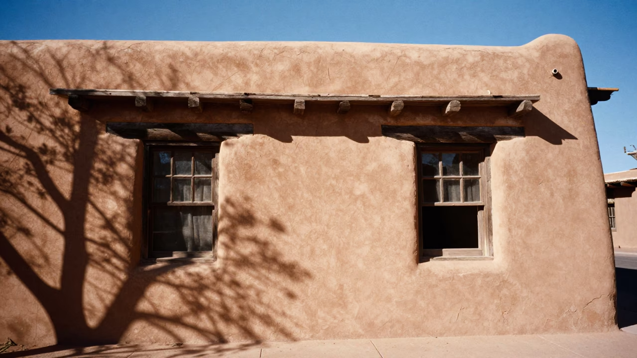 Santa Fe Adobe Architecture and Green Chili Stew at Midday in in Santa Fe, New Mexico, United States