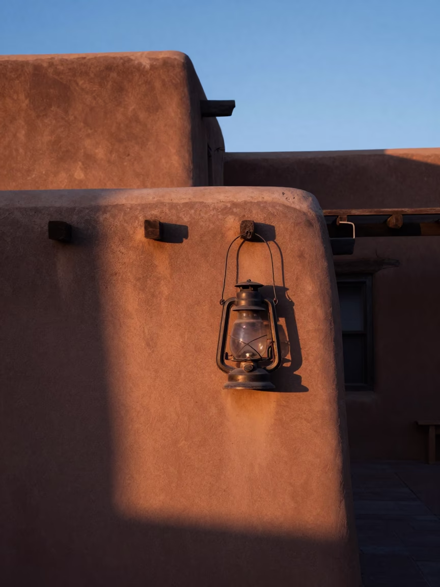 Santa Fe Adobe Architecture and Morning Light Before Sunrise in New Mexico in in Santa Fe, New Mexico, United States
