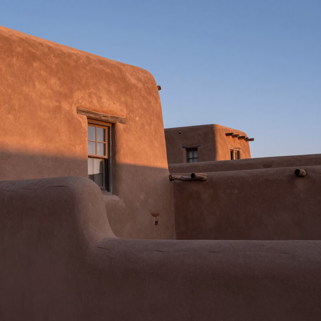 Santa Fe Adobe Architecture and Morning Light Before Sunrise in in Santa Fe, New Mexico, United States