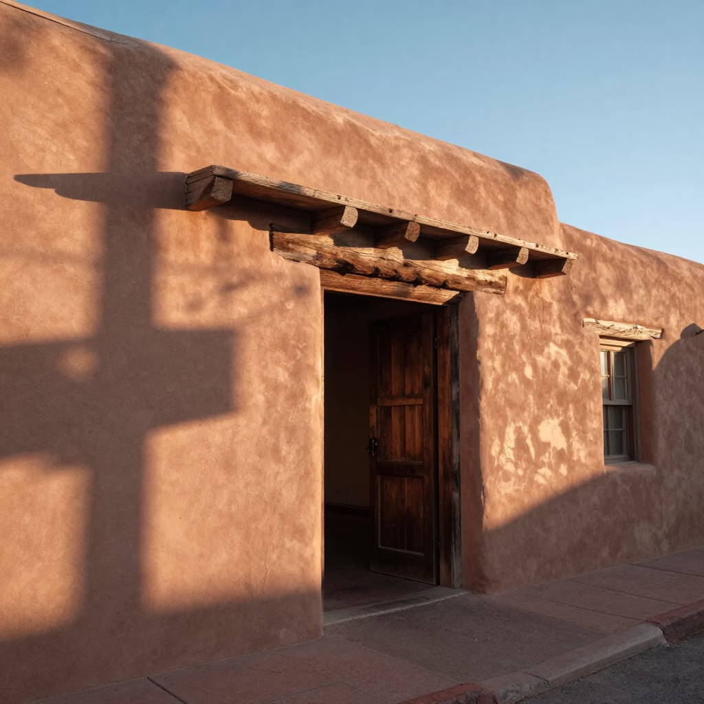Santa Fe adobe architecture and morning light with local street scene in in Santa Fe, New Mexico, United States