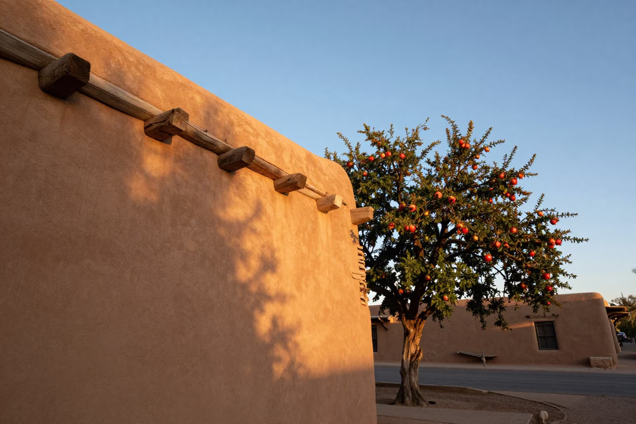 Santa Fe Adobe Architecture and Pomegranate Tree in Late Afternoon Light in in Santa Fe, New Mexico, United States
