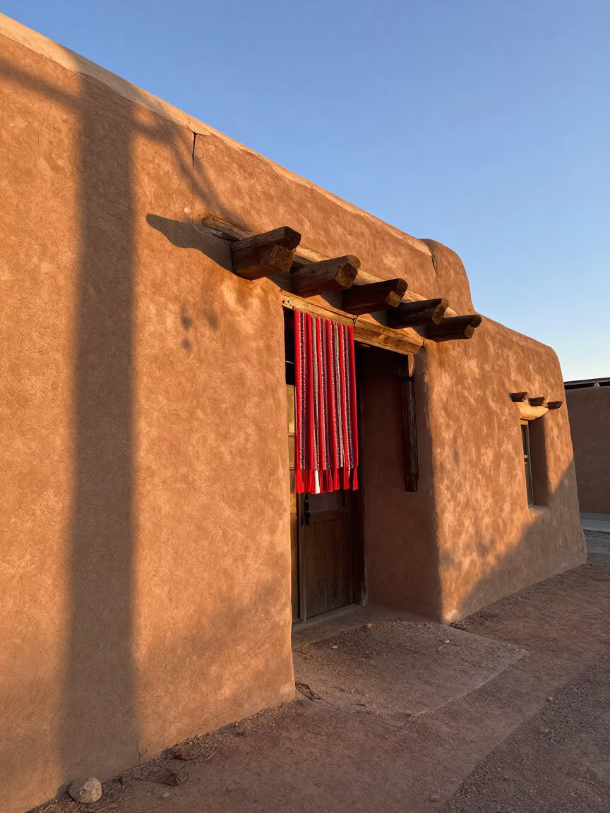 Santa Fe adobe architecture and red chile ristras hanging in morning light in in Santa Fe, New Mexico, United States