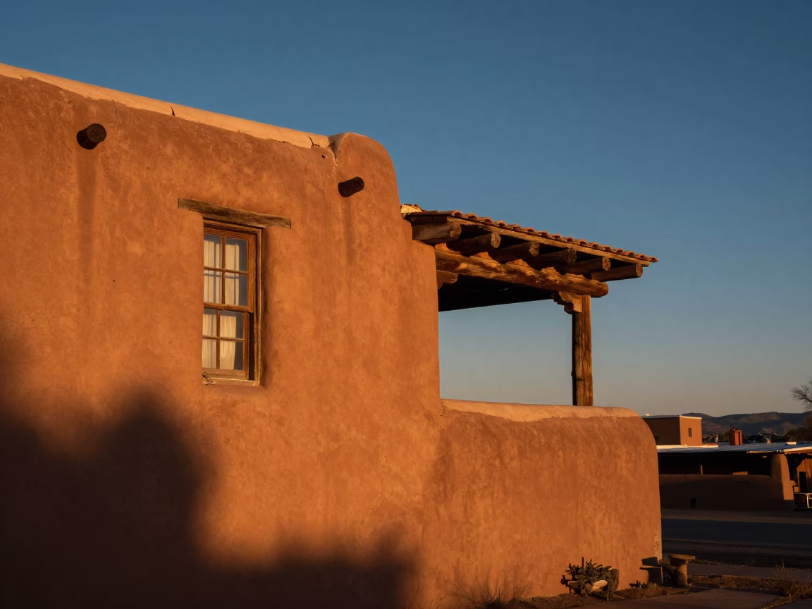 Santa Fe Adobe Architecture and Sunset Glow with Traditional Wooden Chair and Latch Detail in in Santa Fe, New Mexico, United States