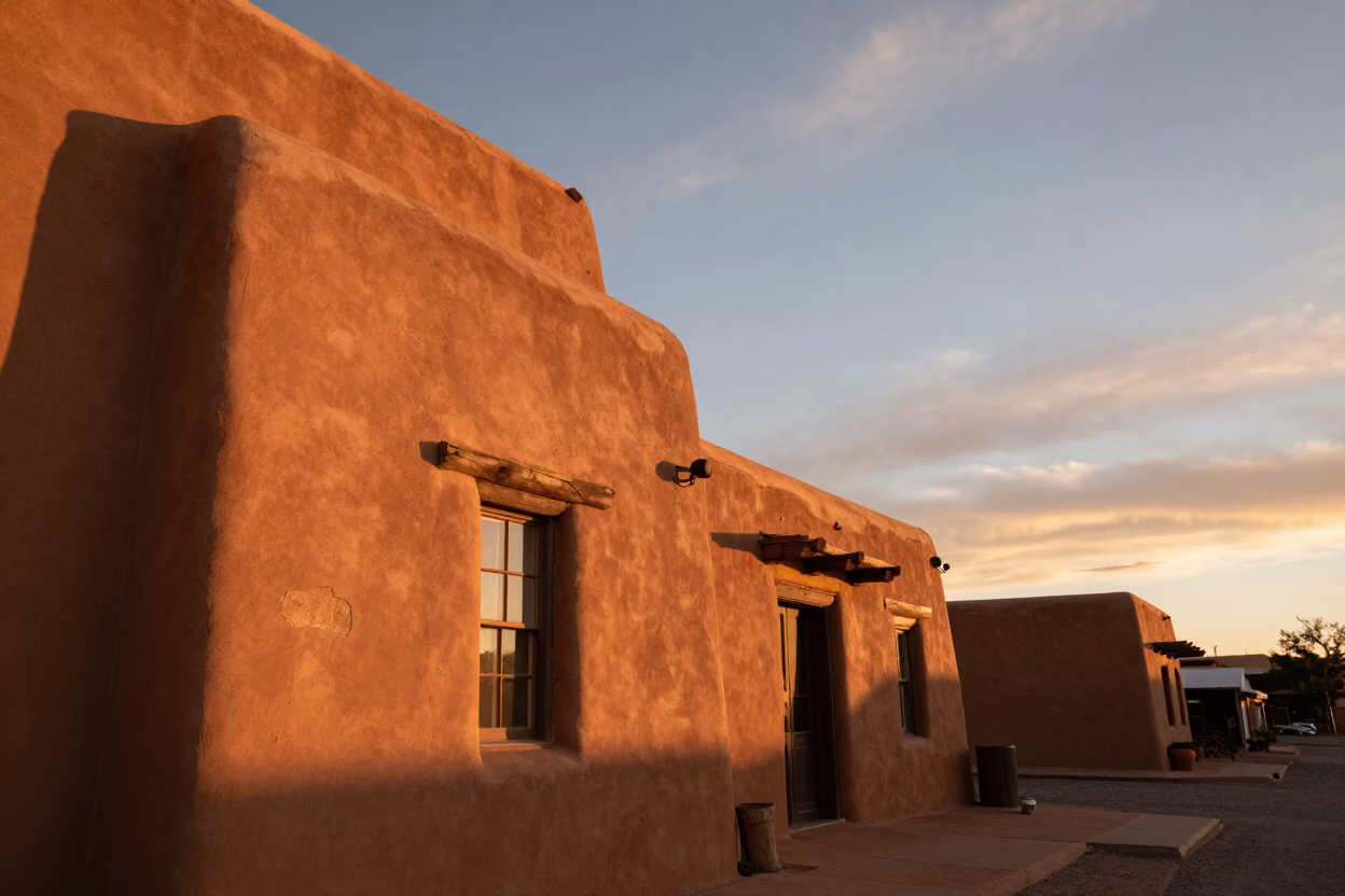 Santa Fe adobe architecture and sunset sky with local street scene in in Santa Fe, New Mexico, United States