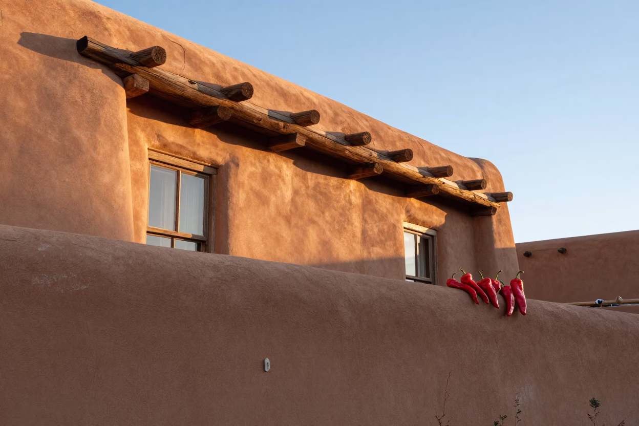 Santa Fe Adobe Architecture and Vibrant Red Chiles Hanging in Late Morning Sunlight in in Santa Fe, New Mexico, United States