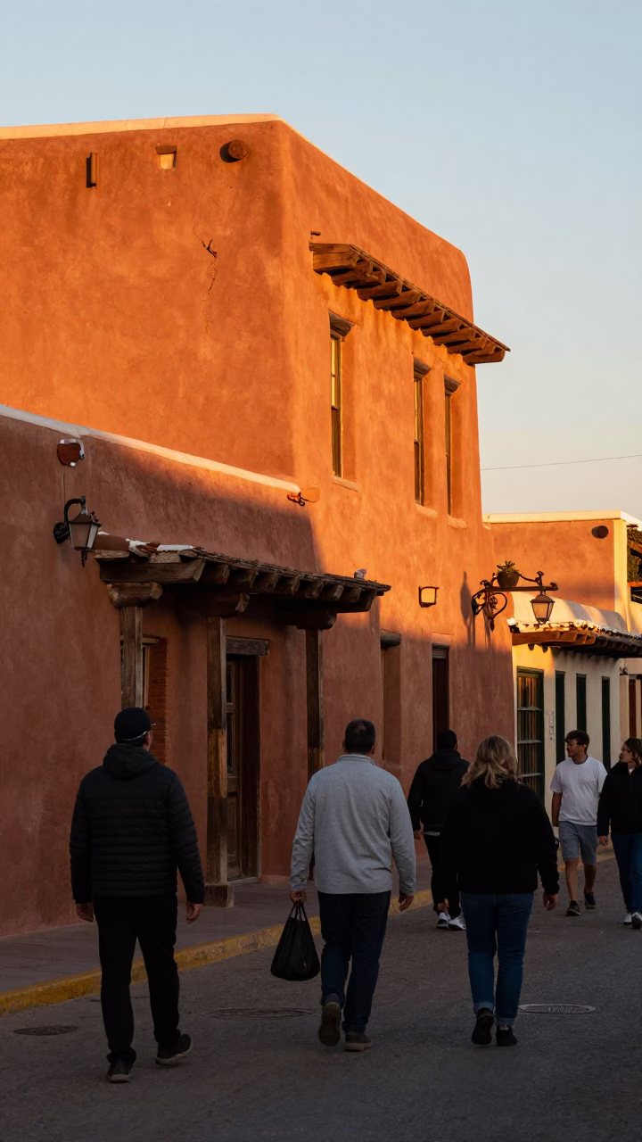 Santa Fe adobe architecture and vibrant street life in honeyed evening light in in Santa Fe, New Mexico, United States