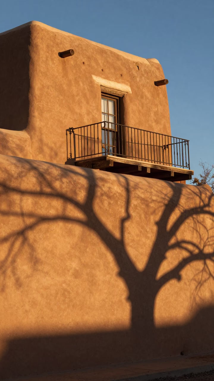 Santa Fe Adobe Architecture and Wicker Shadows in Honeyed Evening Light in in Santa Fe, New Mexico, United States
