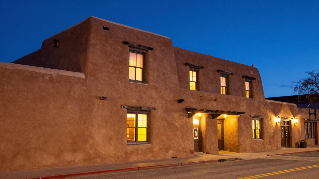 Santa Fe Adobe Architecture at As City Lights Begin To Glow in in Santa Fe, New Mexico, United States