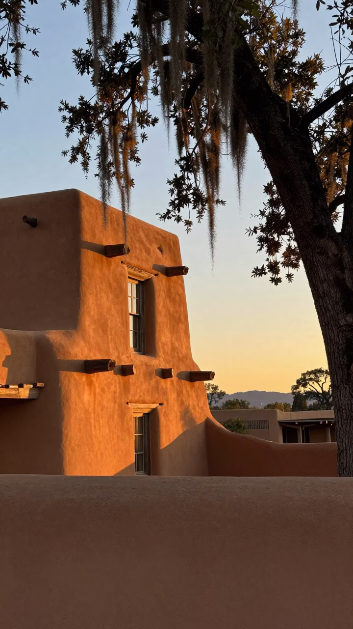Santa Fe Adobe Architecture at As The Sun Drops Toward The Horizon in in Santa Fe, New Mexico, United States