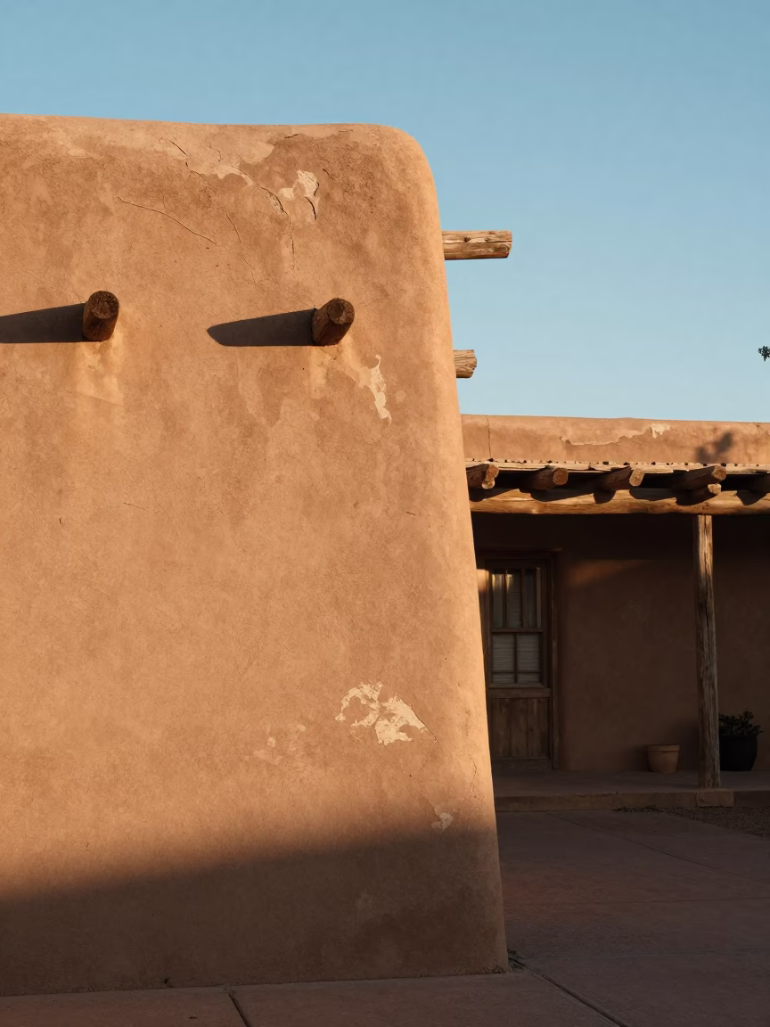 Santa Fe Adobe Architecture at Clear Late-afternoon Light in in Santa Fe, New Mexico, United States