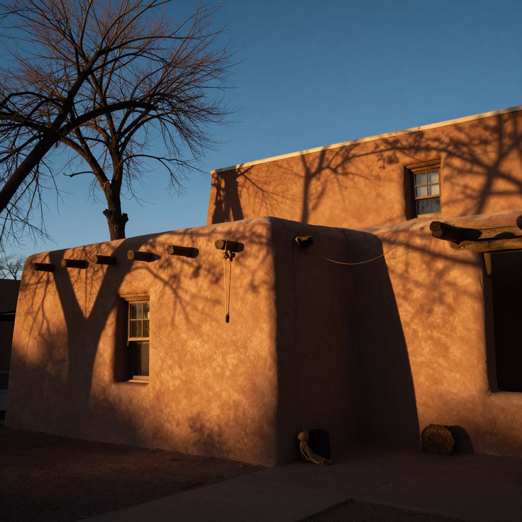 Santa Fe adobe architecture at golden hour with tamarind tree and twine in in Santa Fe, New Mexico, United States