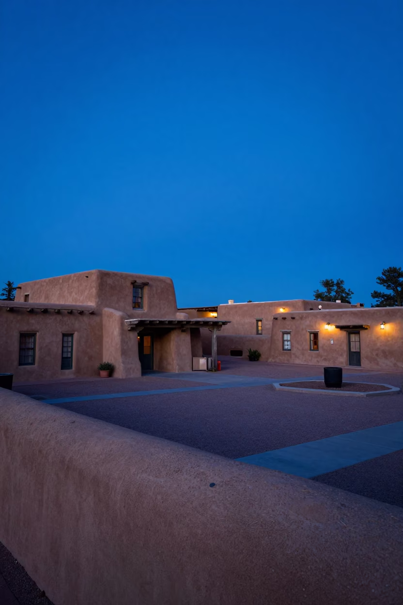 Santa Fe Adobe Architecture at Indigo Twilight After Sunset in in Santa Fe, New Mexico, United States