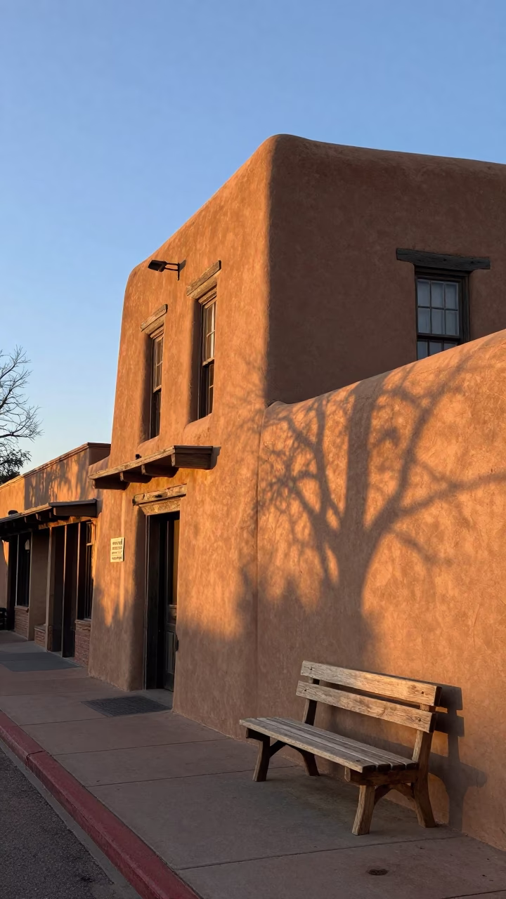 Santa Fe adobe architecture at nautical dawn with street scene and local details in in Santa Fe, New Mexico, United States