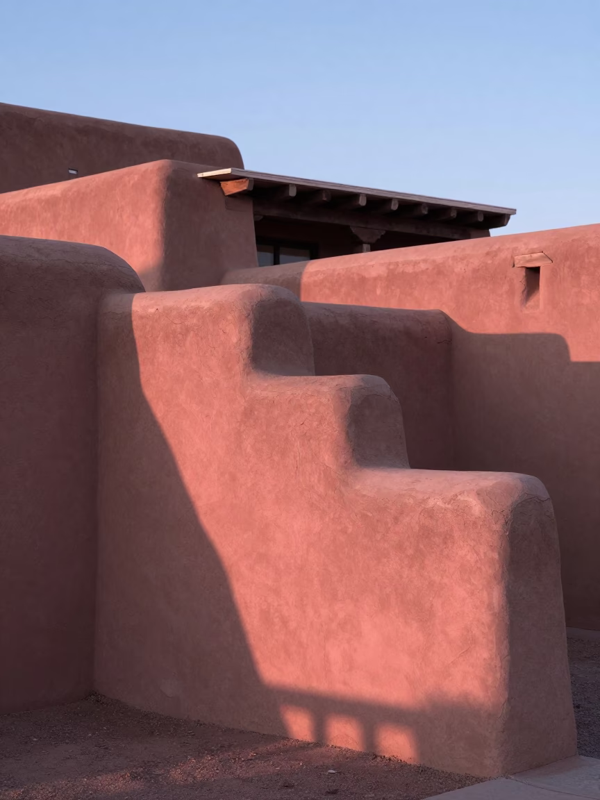 Santa Fe adobe architecture at sunrise with adobe walls and desert landscape in in Santa Fe, New Mexico, United States