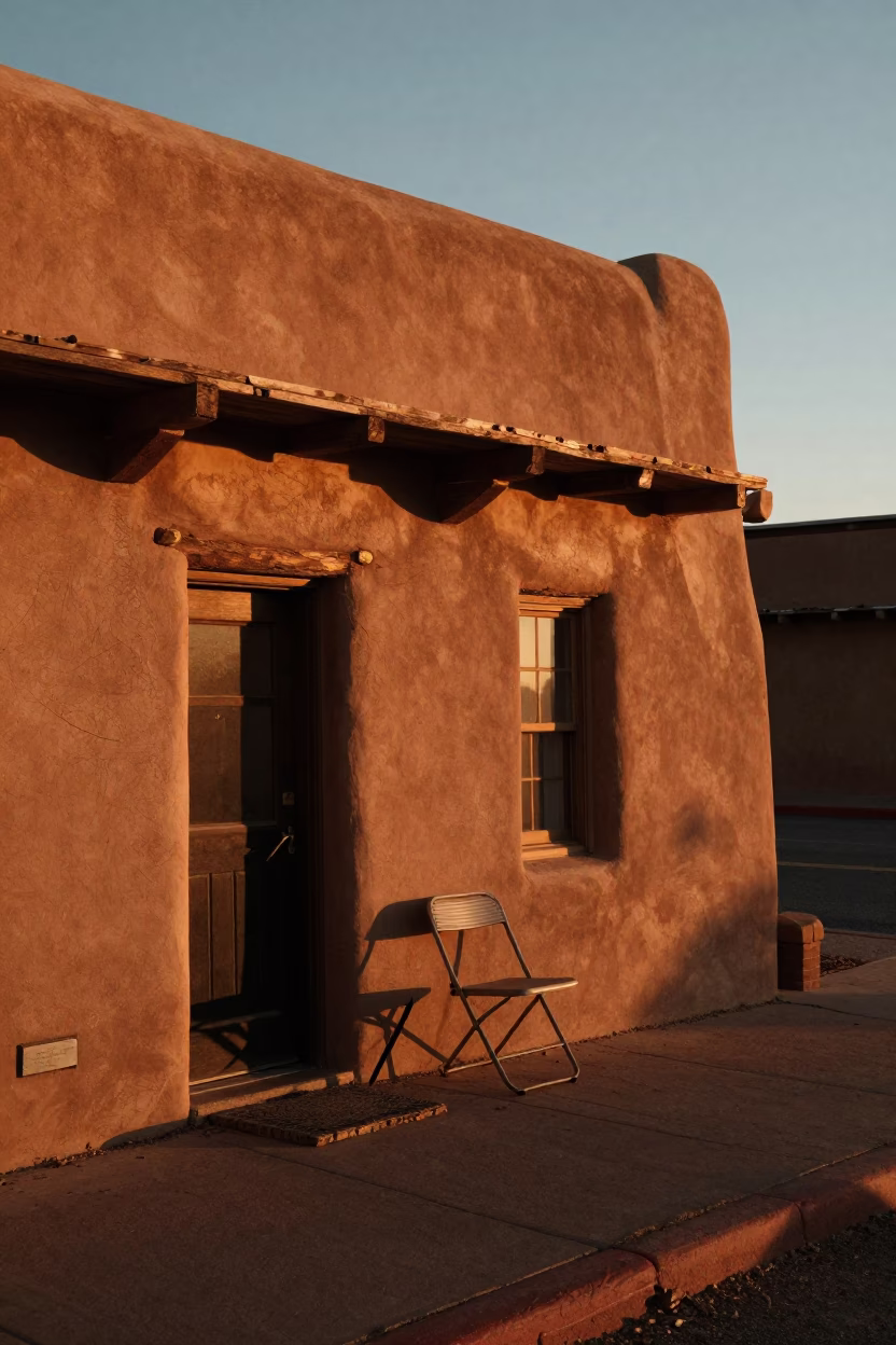 Santa Fe adobe architecture at sunset with folding chair and local street scene in in Santa Fe, New Mexico, United States