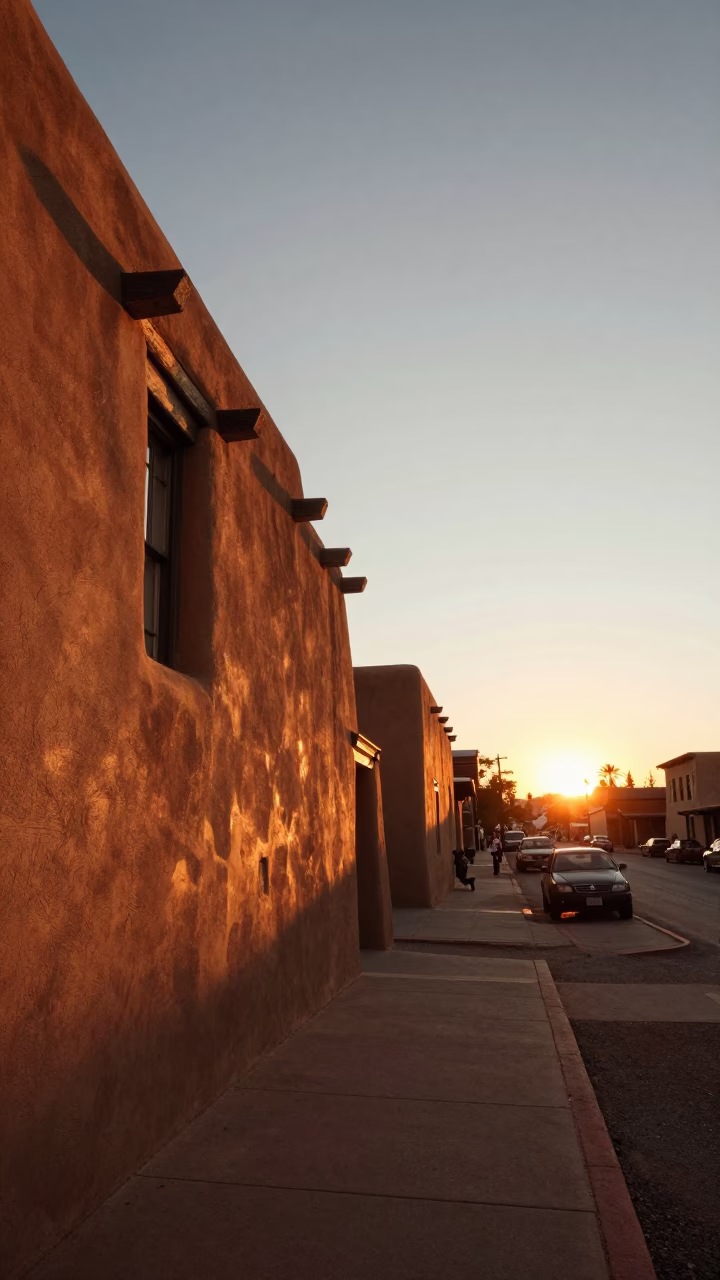 Santa Fe Adobe Architecture at Sunset with Local Street Life and Traditional Elements in in Santa Fe, New Mexico, United States