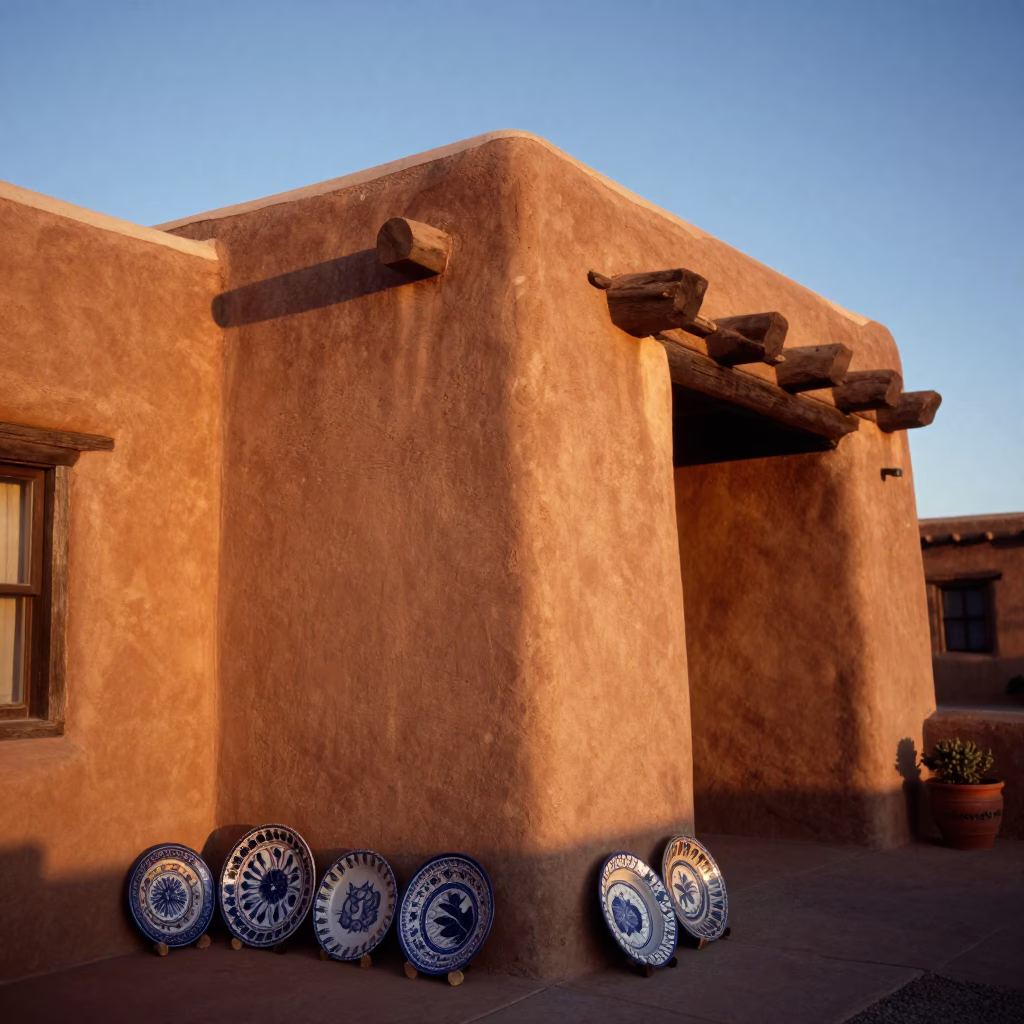 Santa Fe Adobe Architecture at Sunset with Majolica Plates and Heliconia in in Santa Fe, New Mexico, United States