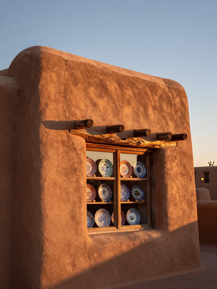 Santa Fe Adobe Architecture at Sunset with Majolica Pottery Display in Shop Window in in Santa Fe, New Mexico, United States