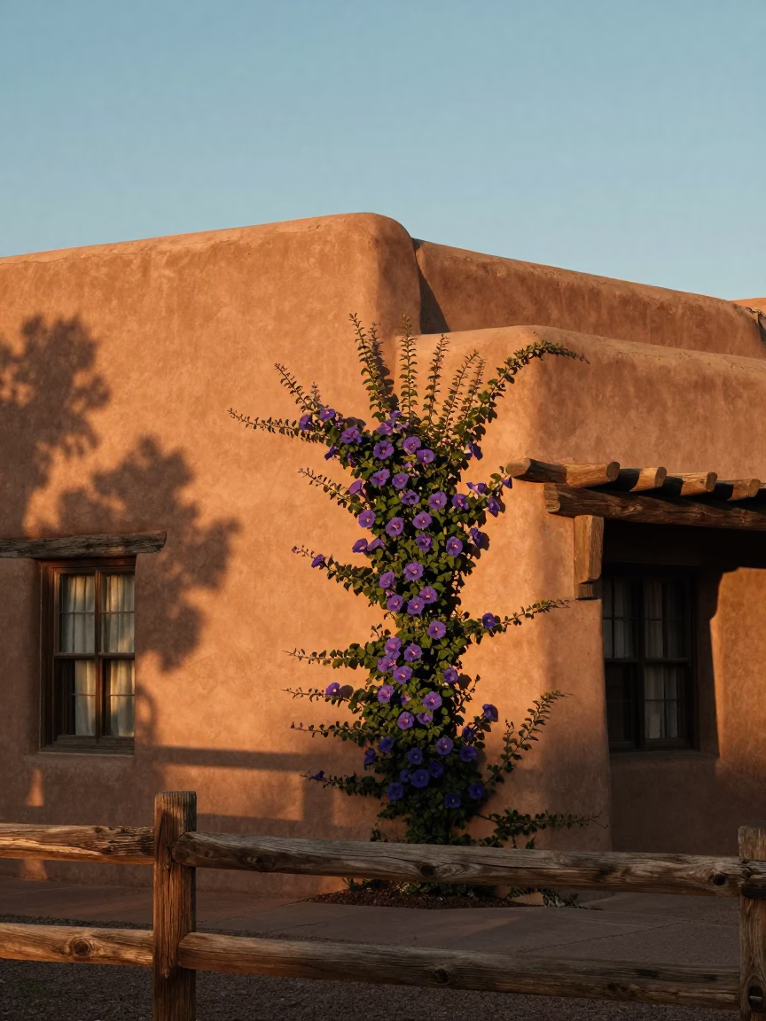 Santa Fe adobe architecture at sunset with morning glory climbing fence in in Santa Fe, New Mexico, United States