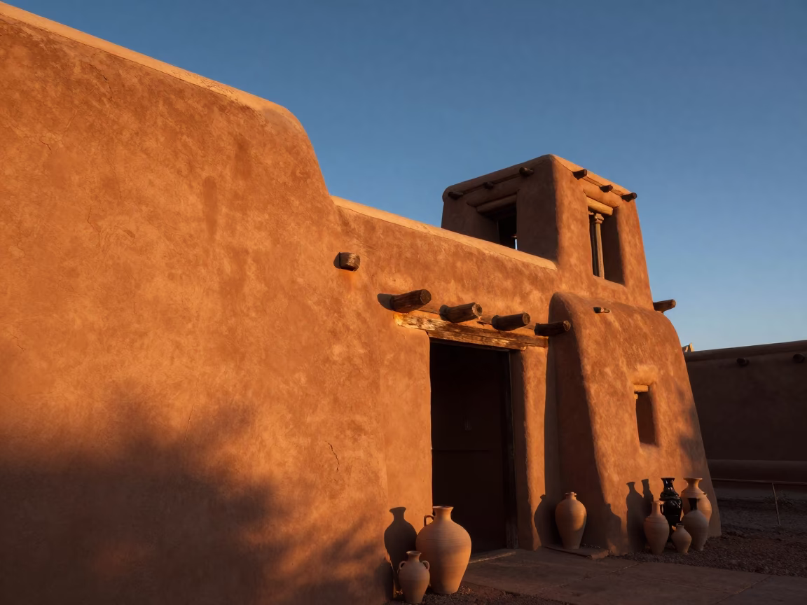 Santa Fe Adobe Architecture at Sunset with Traditional Pottery Display in in Santa Fe, New Mexico, United States