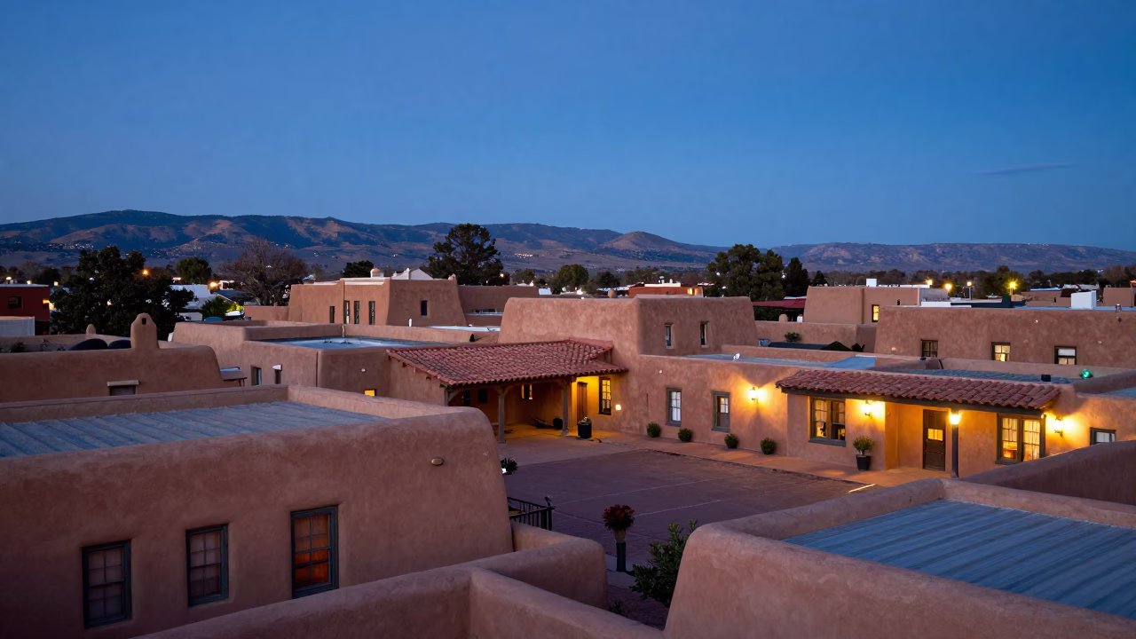 Santa Fe Adobe Architecture at The Last Blue Light Of Evening in in Santa Fe, New Mexico, United States