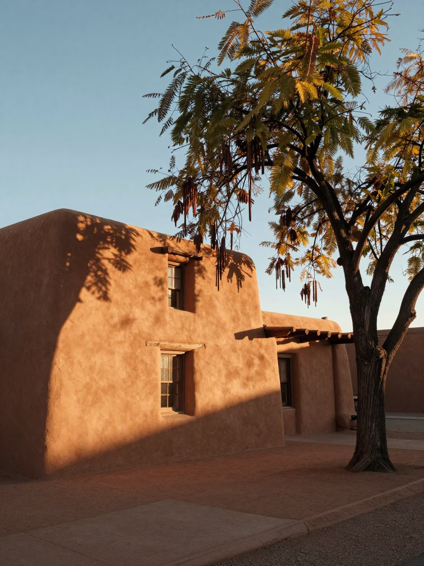 Santa Fe Adobe Architecture at The Late Afternoon Light in in Santa Fe, New Mexico, United States