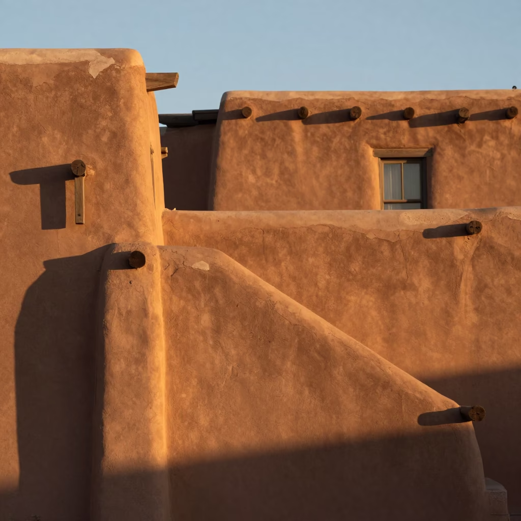 Santa Fe Adobe Architecture Golden Hour Light and Stair Rail Detail in in Santa Fe, New Mexico, United States