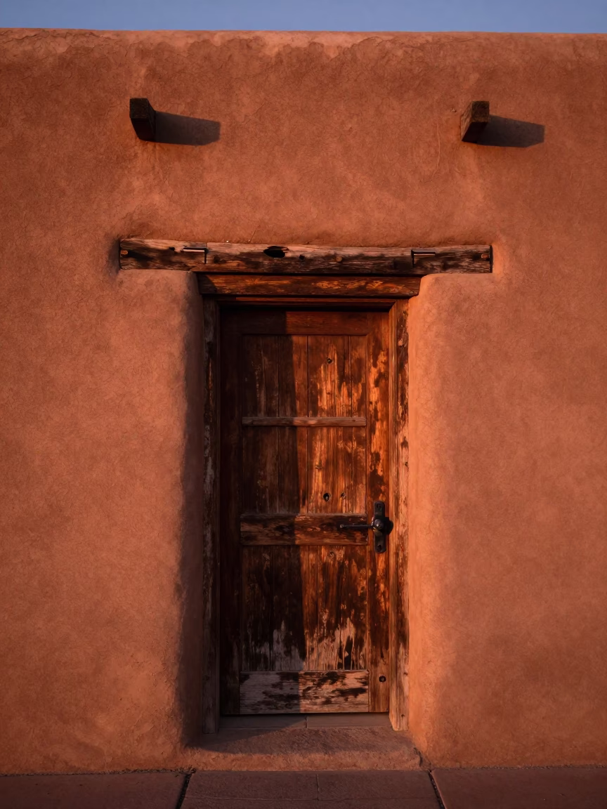 Santa Fe Adobe Architecture in Copper Dusk Light with Latch Detail in in Santa Fe, New Mexico, United States
